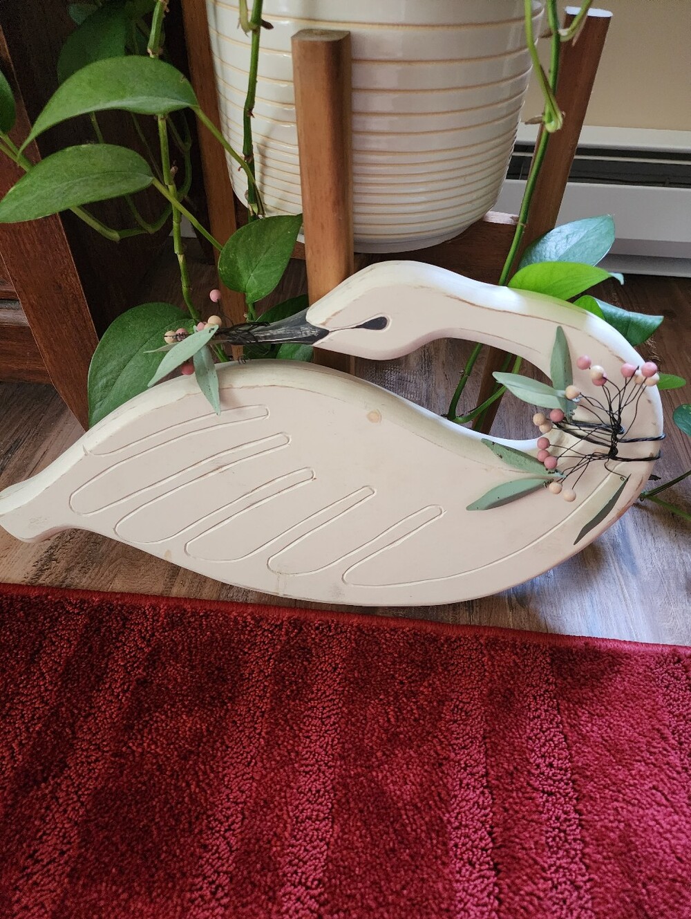 Wooden Swan Wall Decor - White with Pink Berry Accents